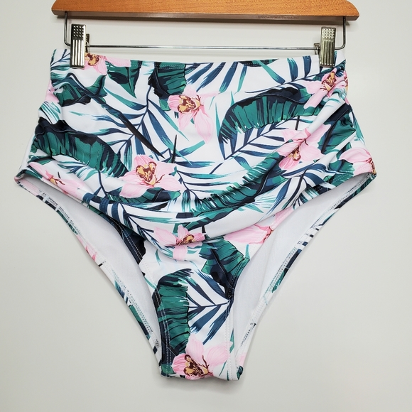NEW HOLIPICK Green Leaf White High Waisted Tropical Bikini Bottom Size Medium - Picture 2 of 6